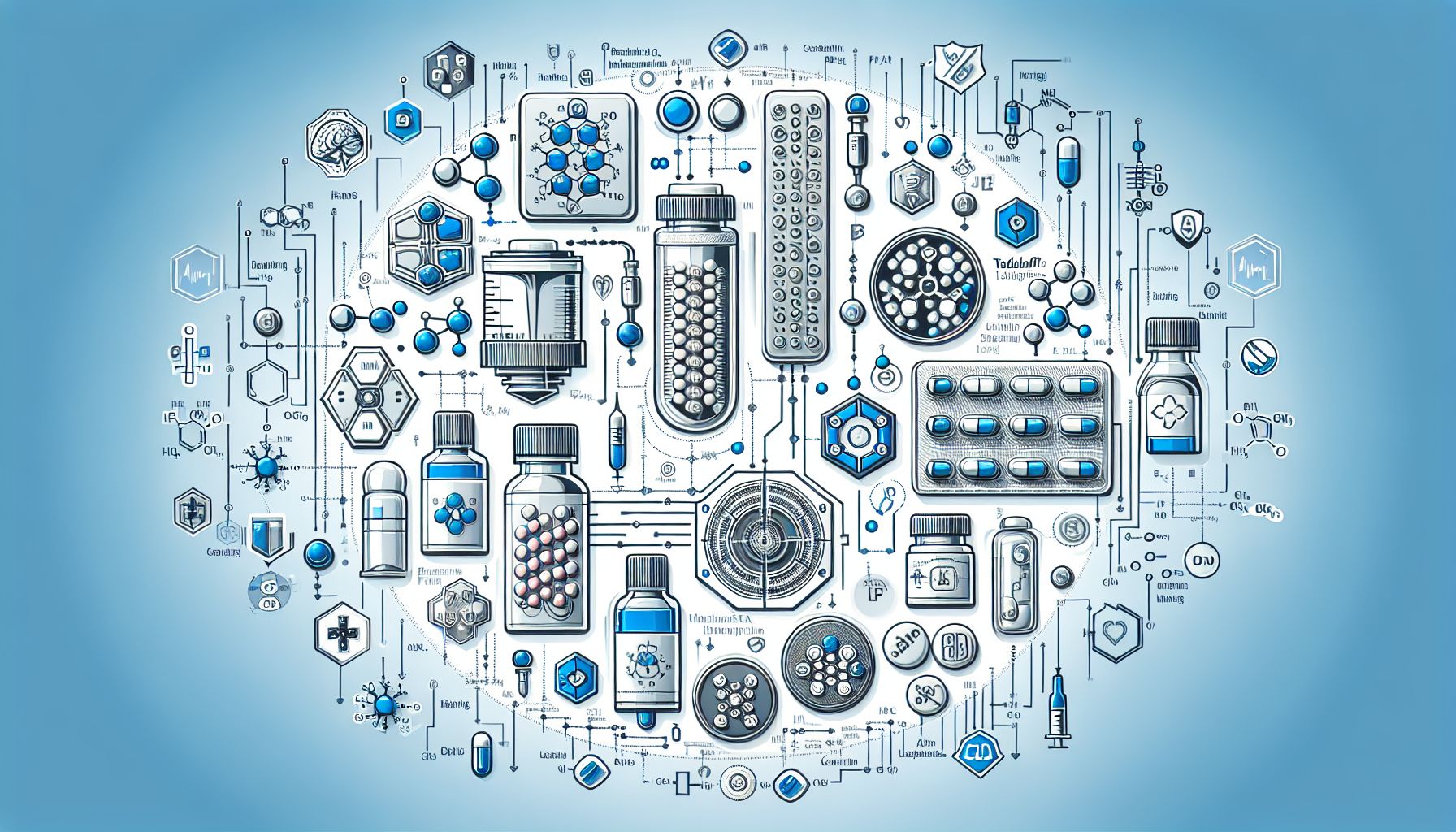 Tadalafil tablets next to an AutoCAD® Electrical schematic, symbolizing innovation in medical and design solutions